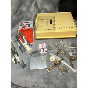Vintage Singer Sewing Machine Attachments Parts Lot Presser Feet Plates Box
